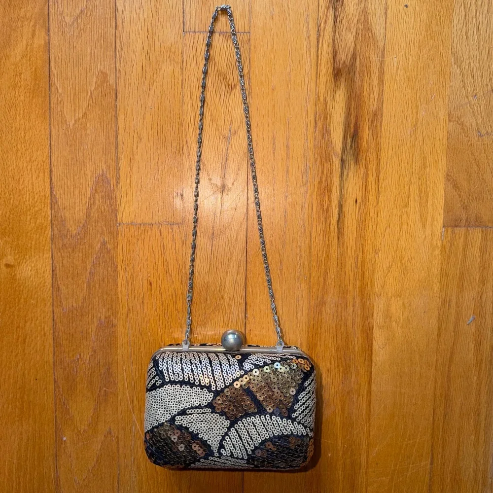 VTG Gunne Sax Jessica McClintock Sequin Minaudiere Clutch Bag Gold Silver Black